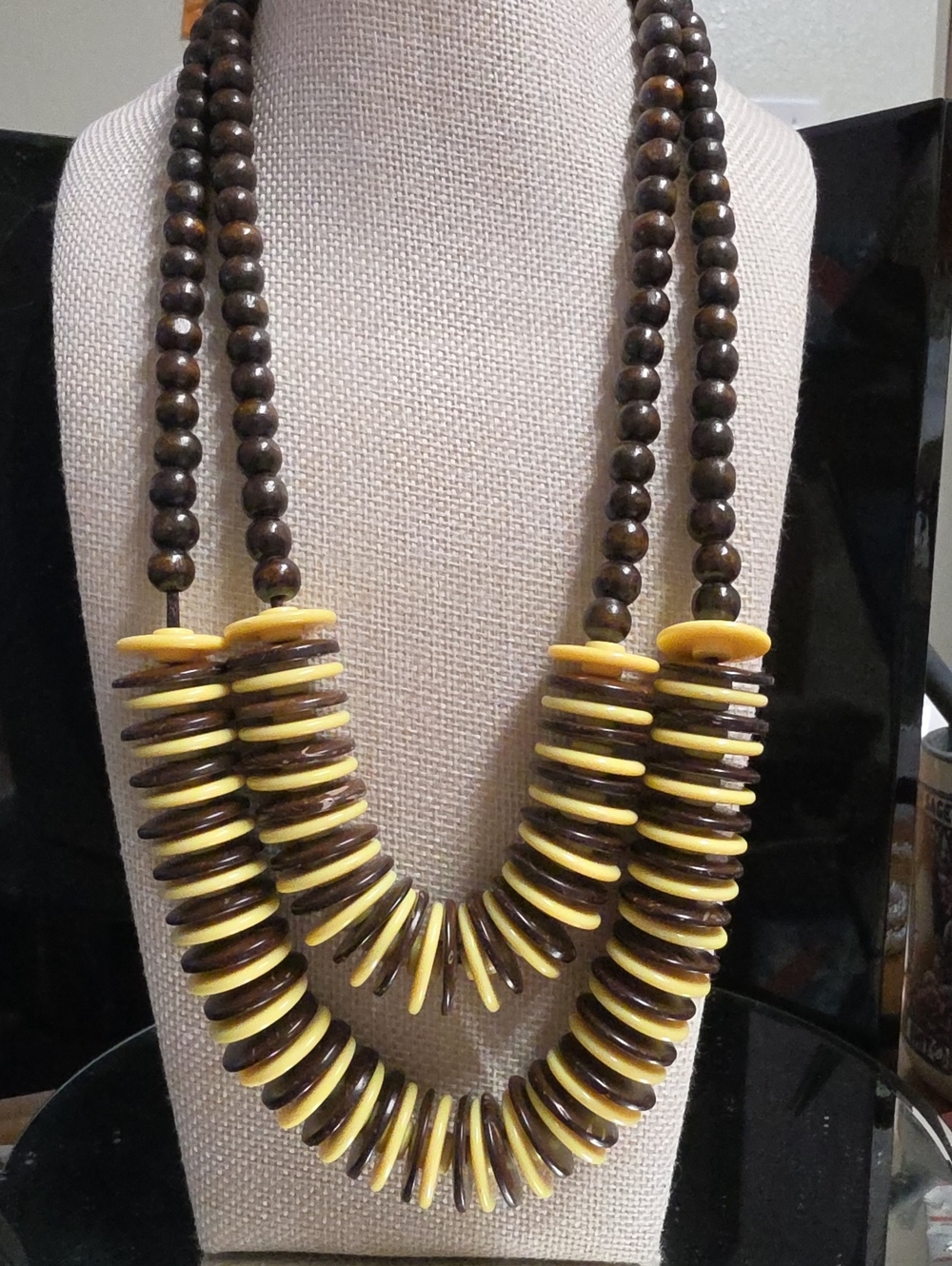 Chunky Vintage Coconut Shell & Yellow Disc Layered Statement Necklace